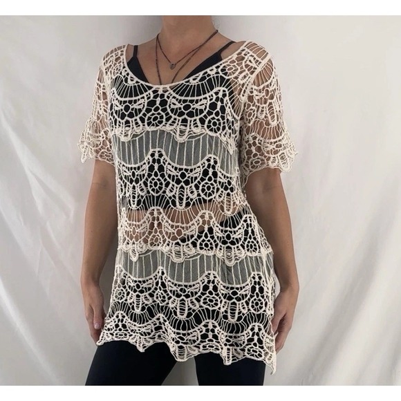 Simply Irresistible Tops - Boho Sheer Crochet Tunic Top L Country Cowgirl Rodeo Festival Layering Shabby